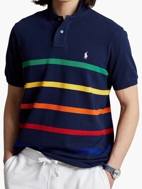 Polo by Ralph Lauren Navy Polo with Green, Yellow, Orange & Red Stripes, Size XL